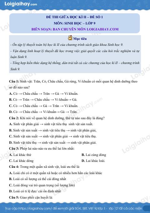5 đề thi giữa kì 2 Sinh 9 có đáp án và lời giải chi tiết